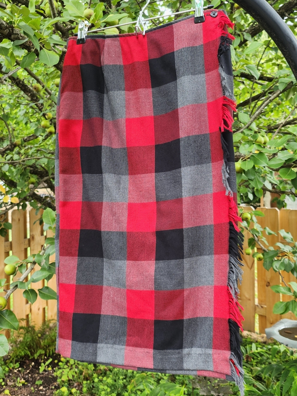 Vtg 90s Grunge Sz 8 Red, Black and Gray Plaid Maxi Skirt with Fringe